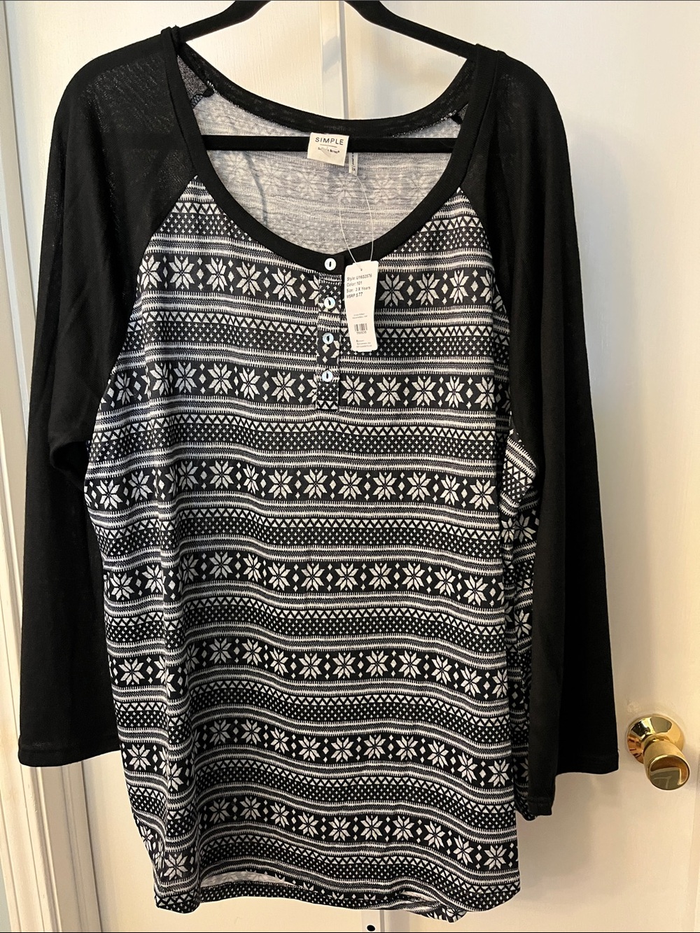 Simple Black & White Patterned Raglan Henley Long Sleeve Top